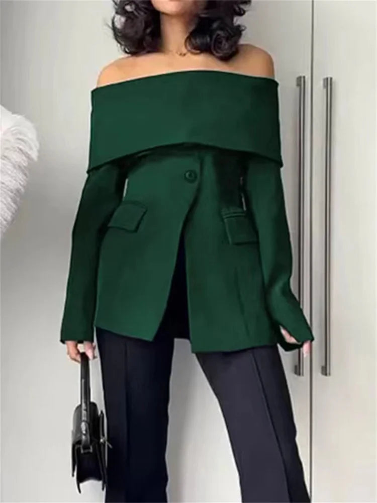 Yeezzi 2025 New Office Lady Commute Off-The-Shoulder Blazer Women Long Sleeves Solid Color Split-Front Zipper Formal Outerwears
