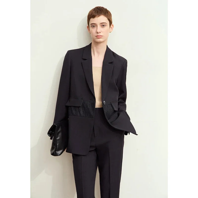 Minimalism 2025 Women's Blazer Autumn New Office Lady Lace Spliced Shoulder Professional Loose Female Notched Tops 12443009