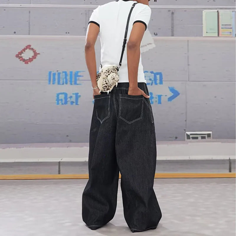 Street Retro Men's Jeans Straight Leg Pants Airplane Buckle Baggy Silhouette Curved Knife Jeans High Waisted Casual Denim Pants