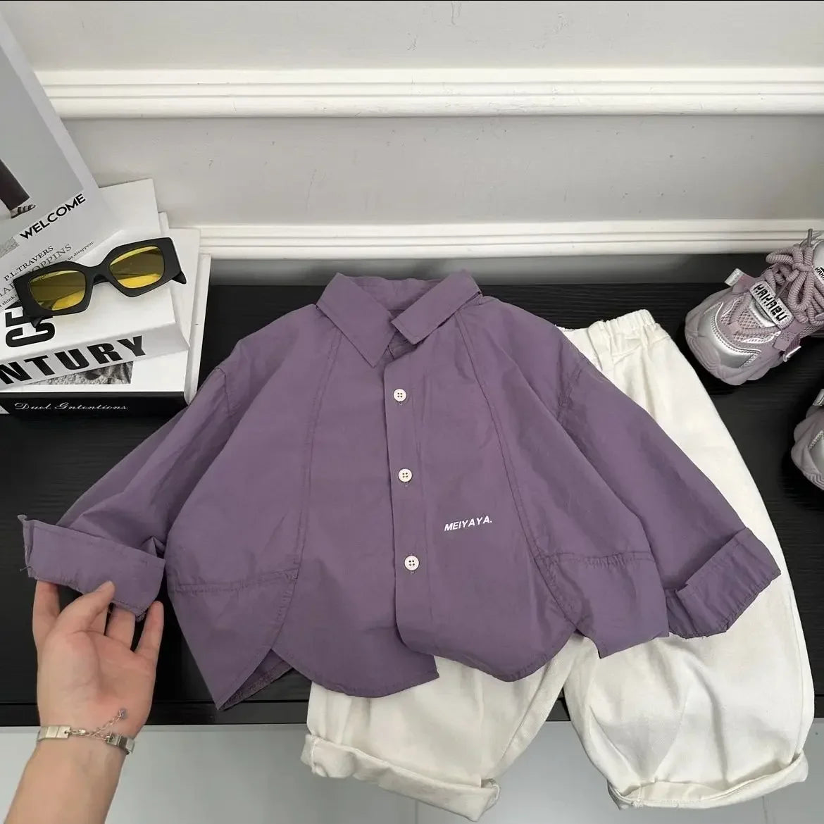 Korean Children's Clothing Set Spring Autumn New Boys and Babies Fashion Loose Long Sleeve Purple Shirt and Pants 2PCS Outfits