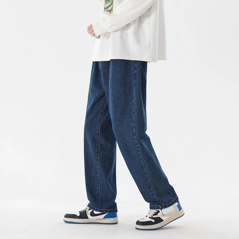 2023 New Korean Fashion Men's Casual Ankle-Length Jeans Classic Man Straight Denim Wide-leg Pants Light Blue Grey Black 3XL