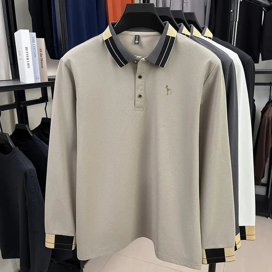 Original Design Men's Lapel Polo Shirt Autumn New Solid Color Print Long Sleeve T-Shirt High-End Business Leisure Men's Clothing