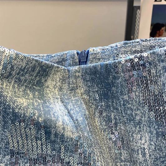 skirts for women Sequin denim bag hip skirt Summer new Korean version of high waist slim retro niche design Joker skirt.