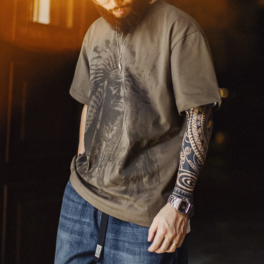 Vintage Navajo Print Short Sleeve T-Shirt Men's Summer Heavyweight Cotton Tee Letter Embroidered Loose Fit Crew Neck Tops