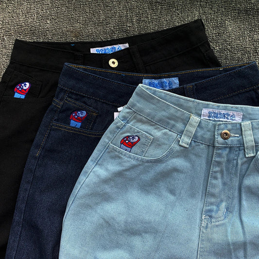 Y2K Embroidery Baggy Boy Jeans Women Streetwear Gothic Cartoon Blue Straight Jeans Retro Punk Rock High Waist Denim Trousers