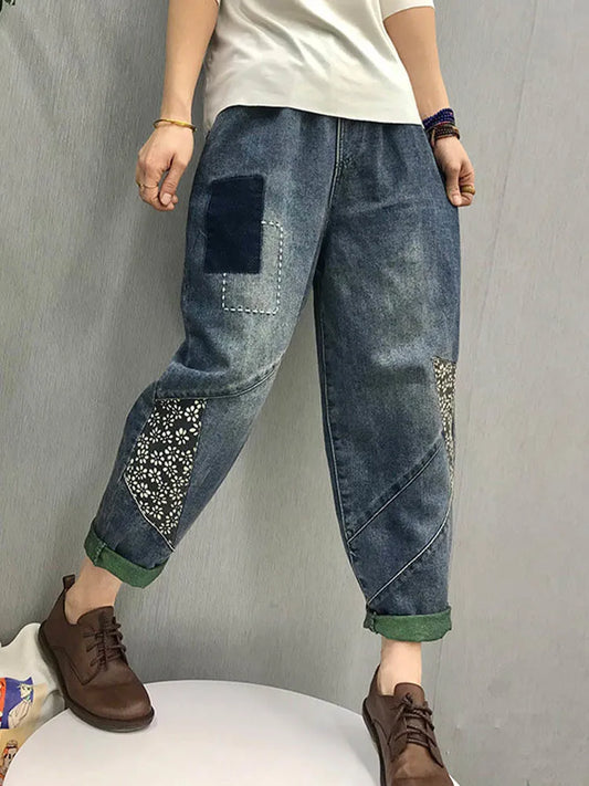2024 Chinese Style Spring Womens Printed Patchwork Jeans Ladies Vintage Blue Denim Pants Female Casual Punk Pantalons