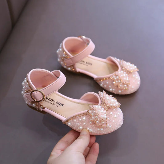 Cute Rhinestone Decorated Girls Shoes, Sweet Princess Style Flats for Wedding & Party, Soft Leather Children’s Dress Sandals
