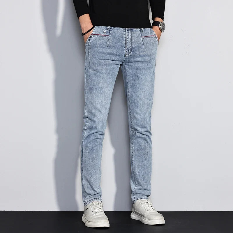 New Men's Jeans Slim Fit Stretch Straight Vintage Trendy Denim Pants Korean Washed Soft Versatile Fashion Trousers Streetwear