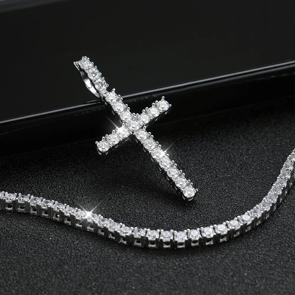Full Moissanite Tennis Necklace with Pendant 925 Sterling Sliver Plated 18k Chain for Man Sparkling HipHop Party Jewely