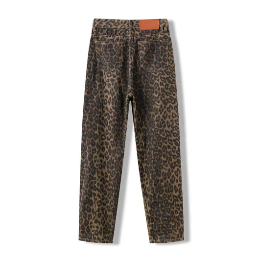 High Waisted Leopard Print Jeans for Women Y2k Retro Streetwear Denim Pants Hip Hop Straight Wide Leg Baggy Jeans