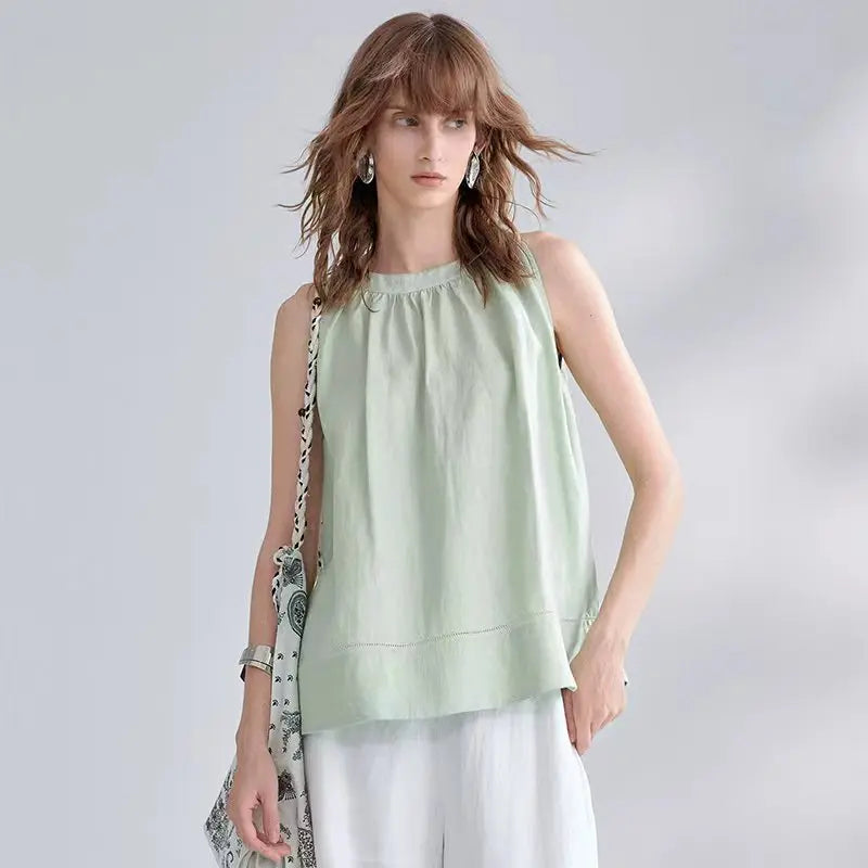 100% Linen Halter Tops Women 2026 Summer New Round Neck Sleeveless Tank Top French Office Ladies Loose Camisoles