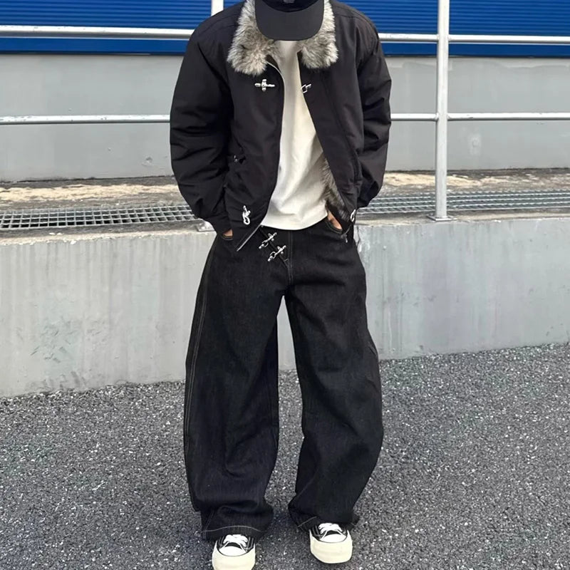 2026 Spring/Summer Korean Black Men'S Curved Knife Jeans Loose Straight Legs Casual Wide Legs 3xl Large Jeans