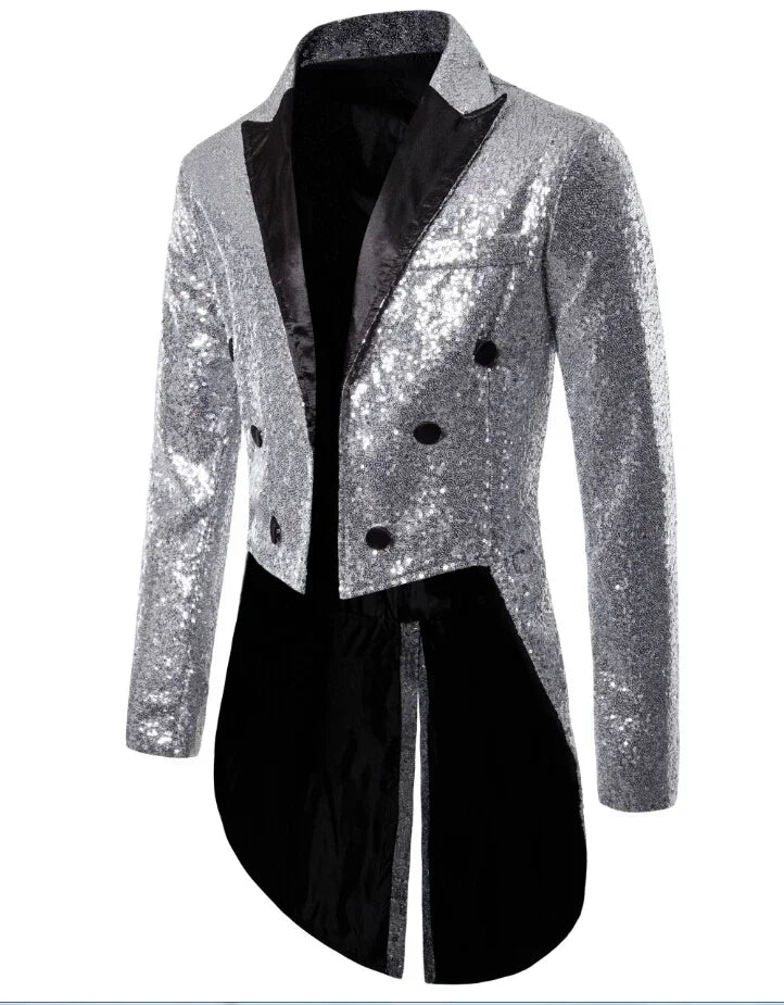 Shiny Gold Sequins Glitter Tailcoat Suit Jacket Male Double Breasted Wedding Groom Tuxedo Blazer Men Party Stage Prom Costume