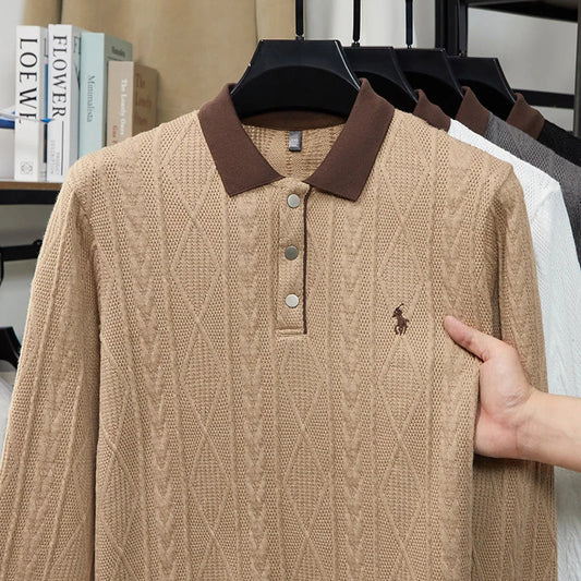 Men's Autumn and Winter Light Luxury 100% Cotton Men's Embroidered Knitted T-shirt Casual Business Sweater Polo Shirt