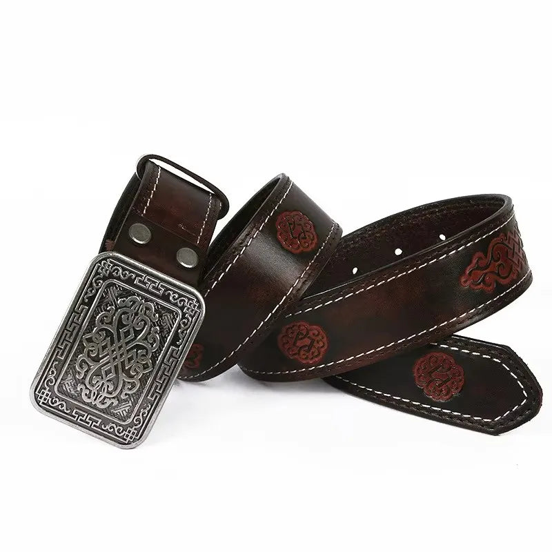 3.8cm Chinese Pattern Cowboy Smooth Buckle Men's Belt Ceinture Homme Yellow Belt Male Wide Jeans Men Genuine Leather Belt
