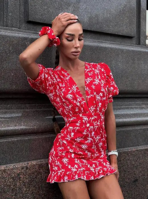 Flora Painted Ruffle Women Elegant Mini Dress Full Sleeve Deep V-neck Slim A-line Vestido 2026 Lady Holiday Street Robes New