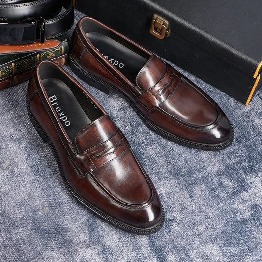 Men's Formal Leather Shoes British Style Oxford Loafers Round Toe Breathable Non-Slip Business Dress Wedding Office Casual Shoes