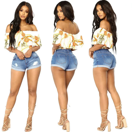 Washed Ripped Mid-waist Denim Shorts.Comfortable Short Jeans with A New Style of Personalized Street Fashion for Women in Summer