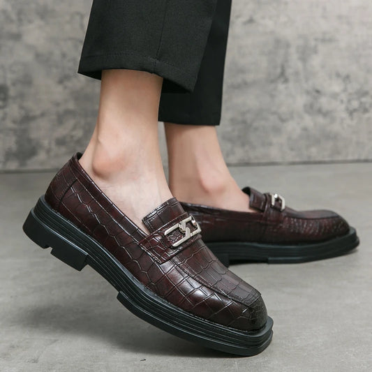 Fashionable Dress Loafers For Men, Crocodile Embossed Chain Decor Slip-on Dress Shoes