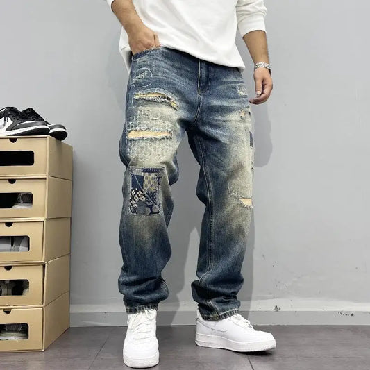 Vintage Distressed Patch Jeans for Men Micro Tube Pants High Street Trendy Brand Hip-hop Pants