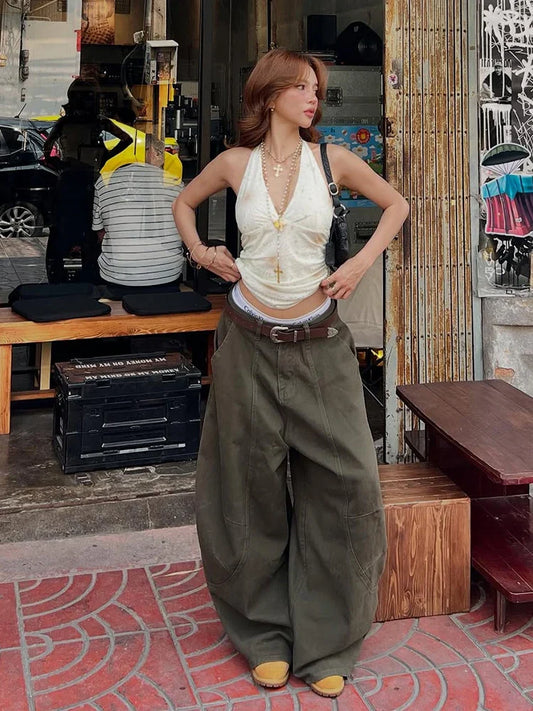 Boyfriend Barrel Jeans Women Men Vintage Patchwork Seam Low Rise Extra-wide Leg Pants Long Trousers Hip Hop Streetwear
