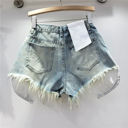 2026 Summer New Women's Pink Hole Denim Shorts High Waist Slimming Spicy Girl A-line Ragged Edge Shorts