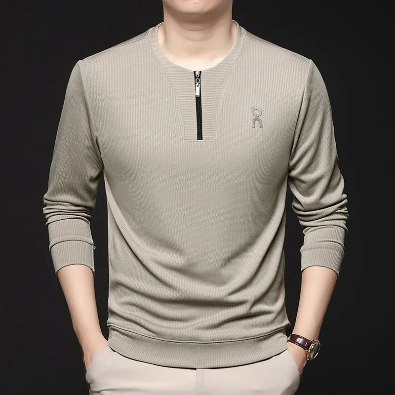 Long Sleeved T-shirt Sweatshirt Men's Autumn New Item Business Casual Skin Friendly Elastic Top Men's Zipper Bottom Shirt