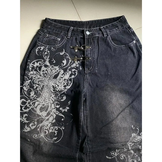 Vintage Printing Baggy Jeans Y2K Harajuku Trend Men and Women Hip Hop Fashion Casual Joker Couple Wide-leg Pants Streetwear New
