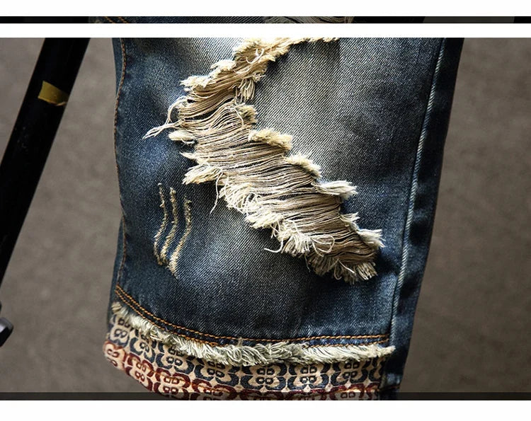Streetwear Men's Ripped Denim Shorts Straight Slim Fashion Hip Hop Short Pants Big Hole Vintage Knee Length Jeans