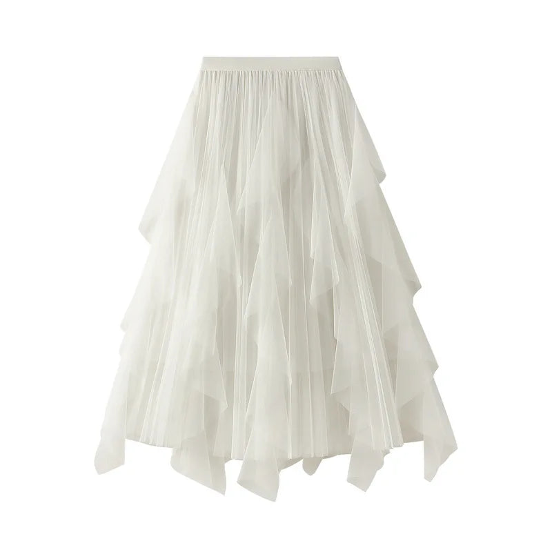 Women's Lotus Leaf Edge A Line Fairy Elastic Waist Tulle Skirt Midi High Waist Mesh Dress Solid Color Irregular Yarn Skirt D8808