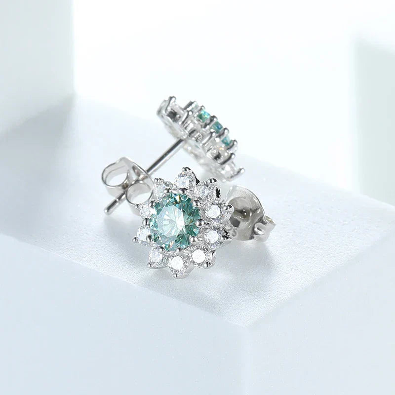 0.5CT 5MM Blue-green Moissanite Sunflower Stud Earrings Colorful Wedding Bride Brilliant Halo 925 Silver Luxury Ear Studs