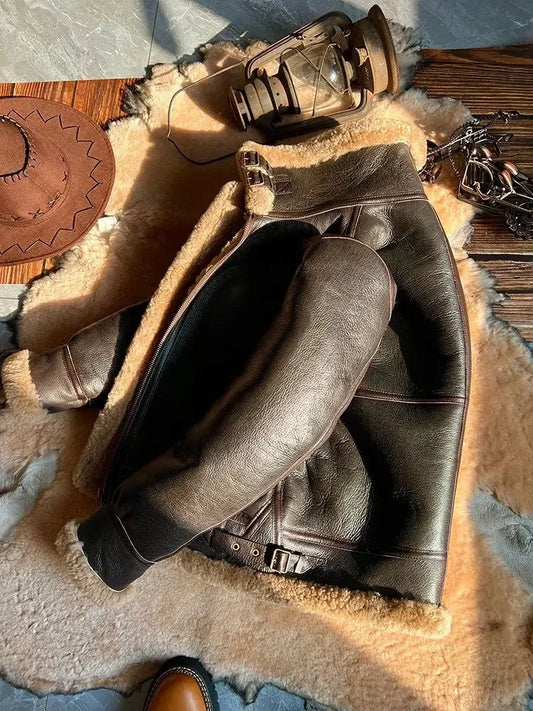 New Fashion 2024 Men's Winter Coat Genuine Leather Natural Sheepskin Shearling Jacket Thick Wool Liner Brown Plus Size XXXXXXL