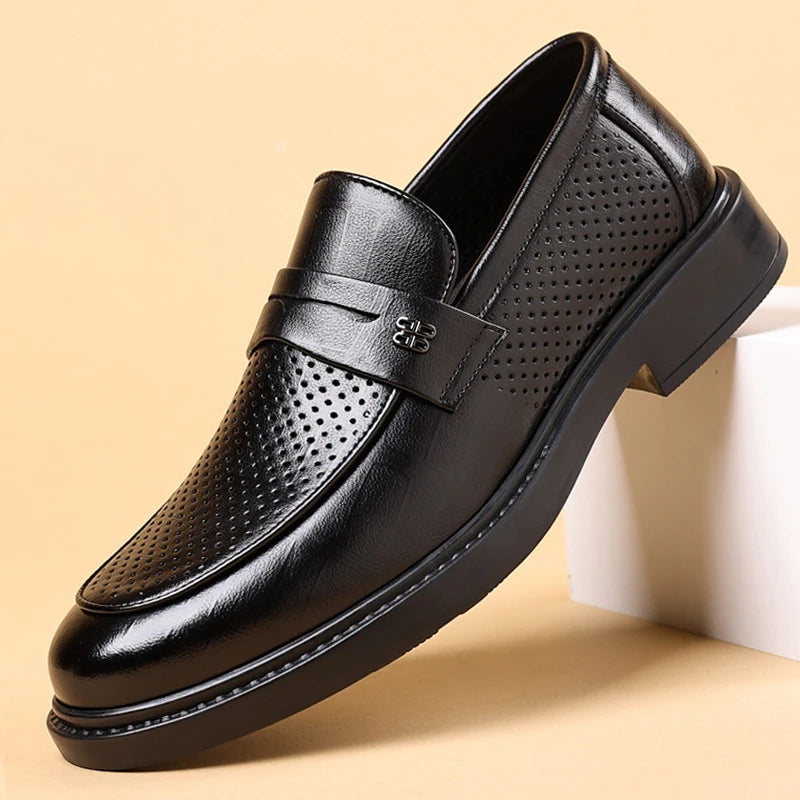Mens Black Penny Loafers With Perforated Detail Slip On Comfortable Breathable Dress Shoes For Business Office And Summer Wear
