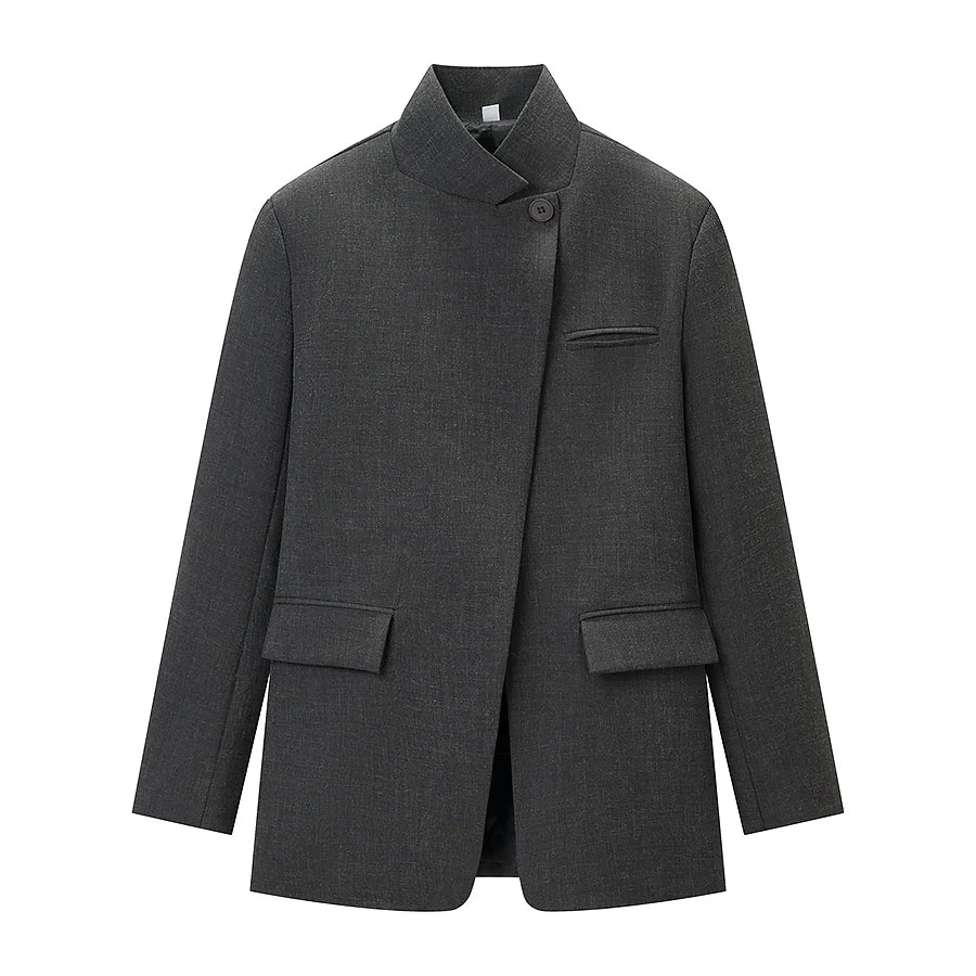 Women Fashion Plaid Blazer Coat Stand Collar Long Sleeve Jacket 2026 Spring Trend Casual Office Lady Chic Outerwear