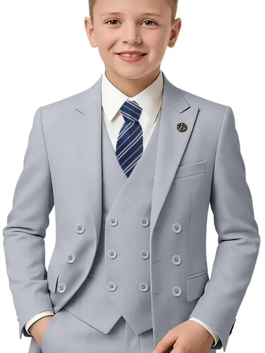 New Hot Sale Boys Slim Fit Tuxedo 3 Pieces Piano Performance Wear Double Breasted Kids Suit Set Banquet Party Outfit Plus Size