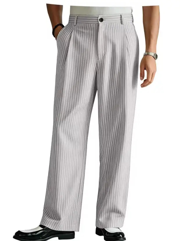 Vintage Men Pants Thin Slacks Business Striped Trousers High Waist Pleated Wide Leg Loose Straight Casual Office Wedding
