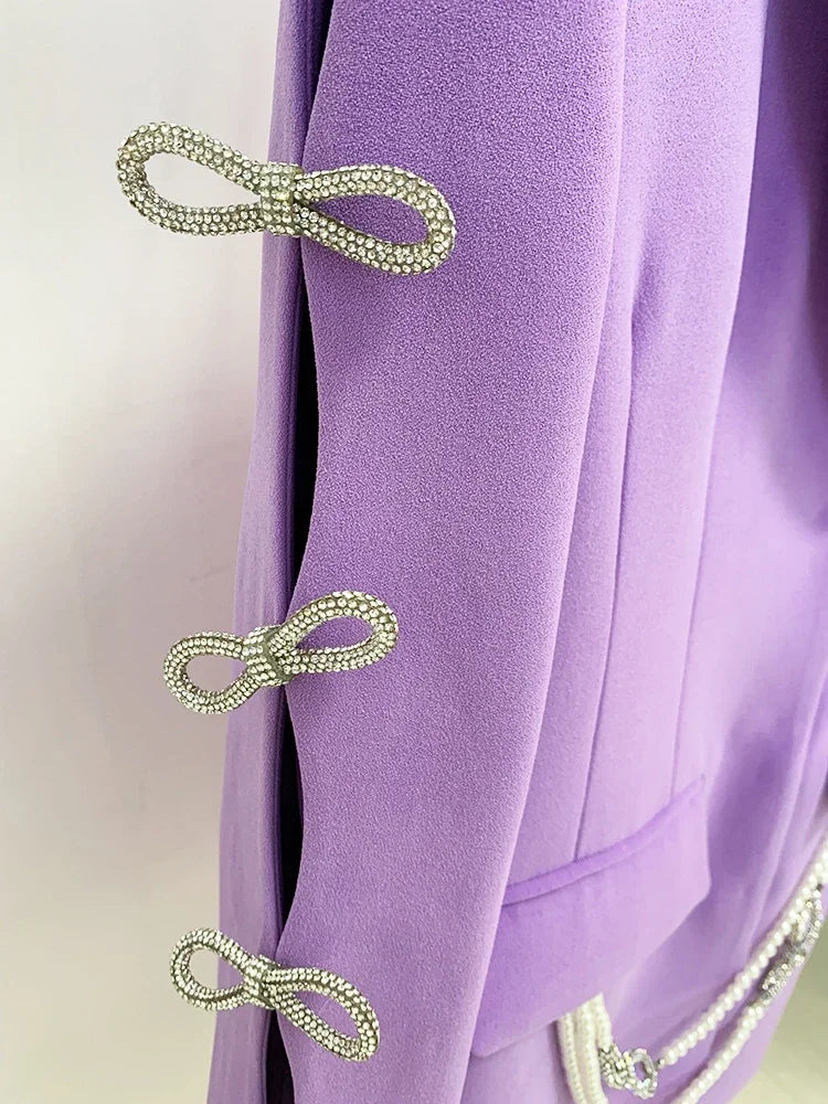 HIGH STREET Newest 2026 Designer Stylish Fashion Women's Pearls Chain Diamonds Beaded Hollow Out Bow Sleeve Blazer Dress