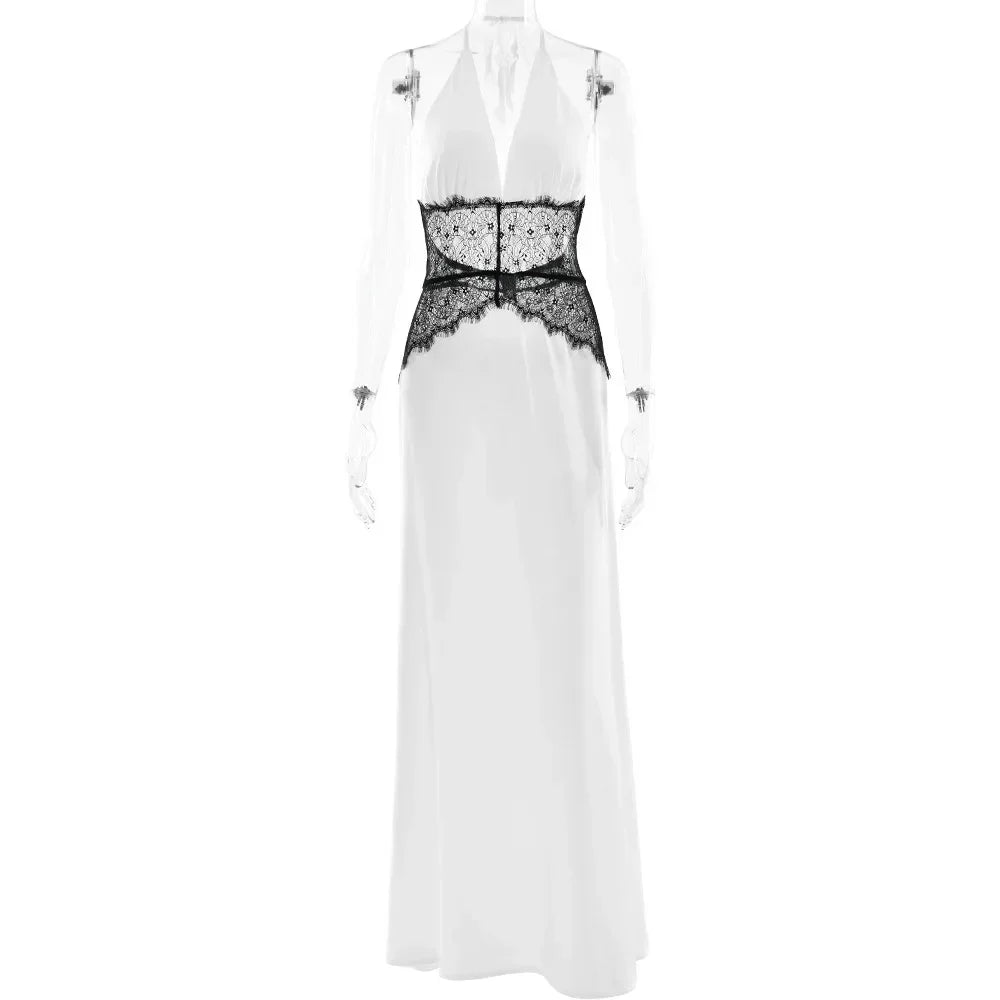 Sexy Deep V-neck Backless Lace Patchwork Satin Dresses for Women 2026 Summer Halter Sleeveless Long Maxi Party Evening Dress