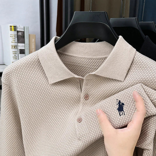 High-end Quality Men's Casual Outdoor Pineapple Pattern Knitted Long-sleeve Polo Shirt (eco-cotton, No Shrinkage No Deformation)