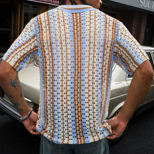 Men's Short Sleeve Summer Fashion Retro Knit Lapel Top Solid Color Soft Breathable Light Polo Knitwear Men US Size