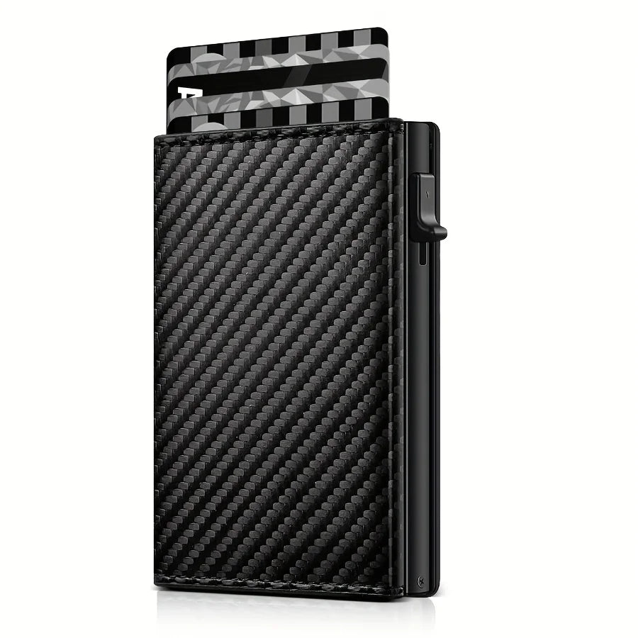 Men's Carbon Fiber Magnetic Card Clip Leather RFID Triple Fold Card with Zipper Wallet Pop Up Smart AirTag Wallet