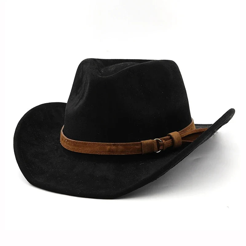 Ethnic Style Western Cowboy Hat Imitation Leather Velvet Jazz Hat Autumn And Winter Roll up Edge Fedora Hat