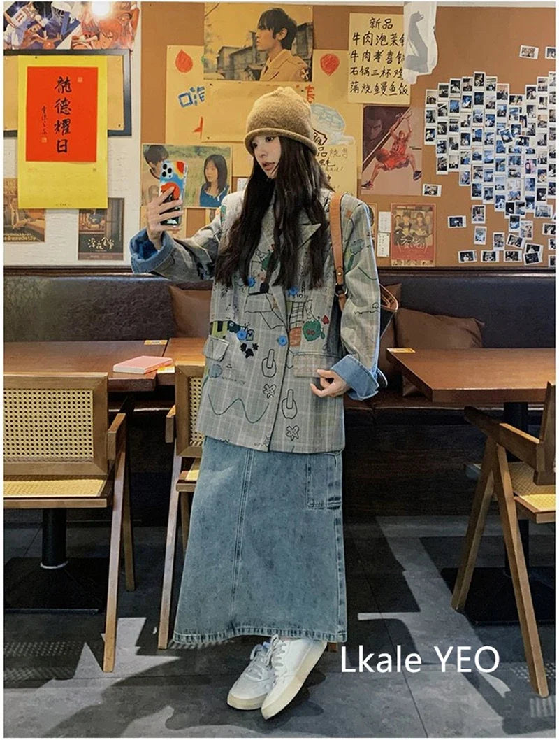 Women's Blazer Jacket 2025 Spring Autumn Fashion Graffiti Printed Ladies Lattice Suit Coat Casual Korean Version Lady Outerwear