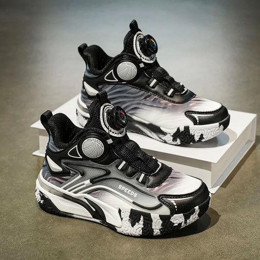 Children's basketball shoes boys' waterproof leather surface rotating buckle anti-slip and shock-absorbing student sports shoes