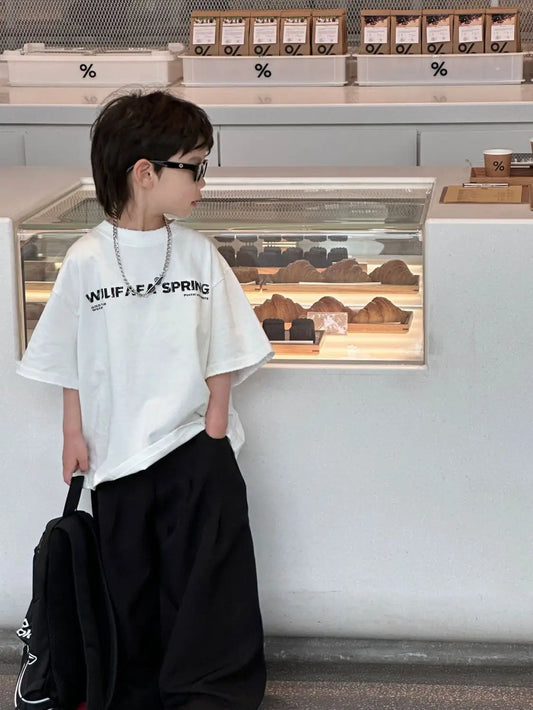 Red Cotton T-Shirt for Tween Boys Girls Loose Fitting Trendy Unisex Summer Top with Embroidered Letters Youthful Casual Wear