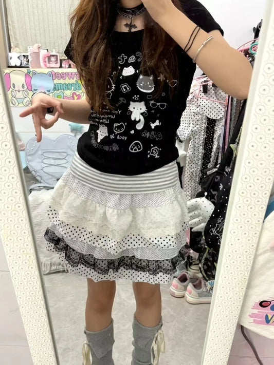 Sweet Lace Lolita Loose Skirt Women 2025 Summer Japanese Elastic Waist Patchwork Polka Dot Cake Skirts Hepburn New Vintage Skirt