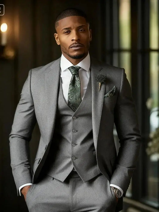 Green Emerald 3-Piece Men's Formal Tuxedo Elegant Jacket with Notched Lapel + Vest + Pants Wedding Groomsmen Smoking Suit