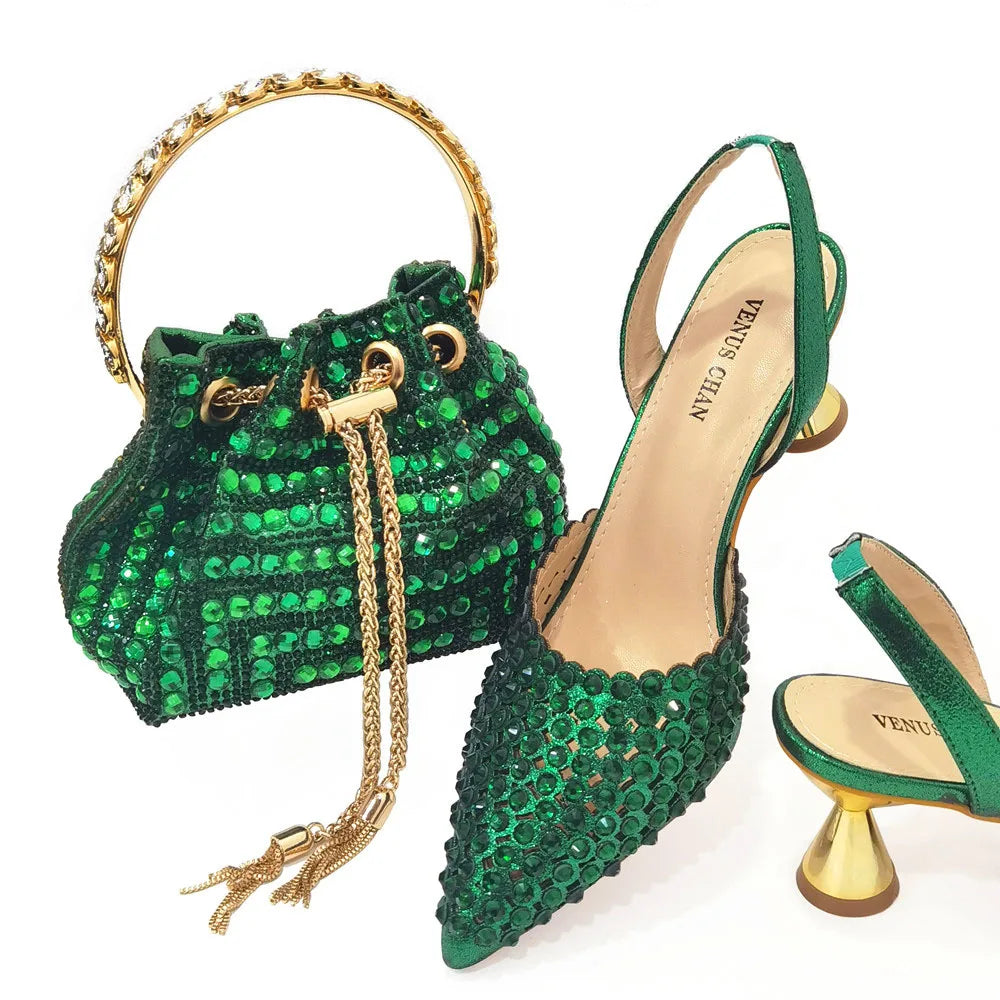 Shoes for Women High Heels 2023 Pointed Luxury Designer Colorful Stones Evening Party Matching Shoes and Bags Sets
