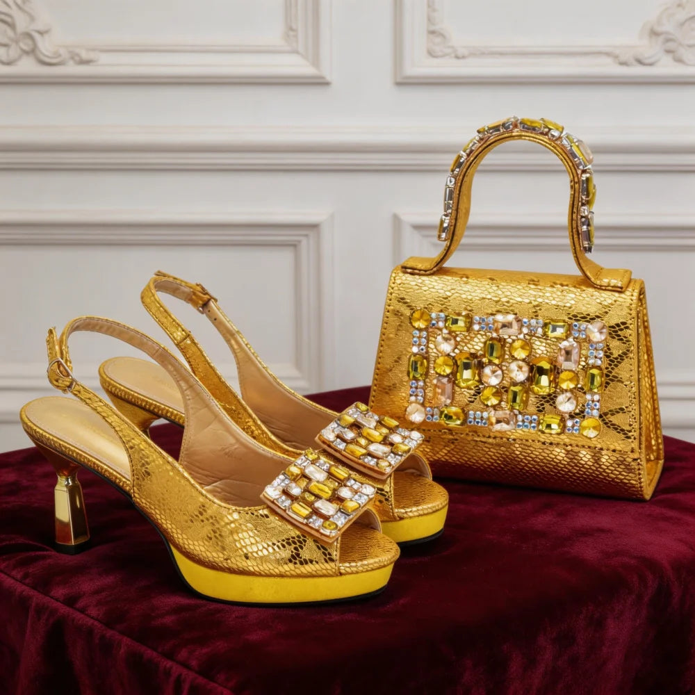 2026 New Arrival Rhinestone Peep-Toe High Heel Sandals and Bag Set for Women –Elegant Italian Party Shoes Perfect for Wedding