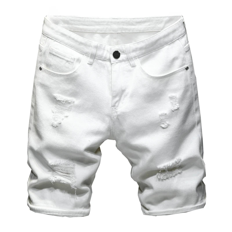 New White Jeans Shorts Men Fashion Ripped Knee Length Pants Simple Casual Slim Hole Denim Shorts Male Streetwear